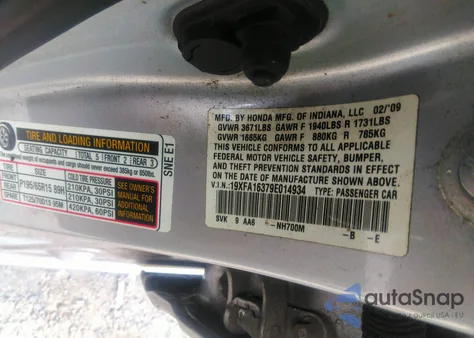 2009 Honda Civic Vp from USA, damaged, VIN 19XFA16379E014934